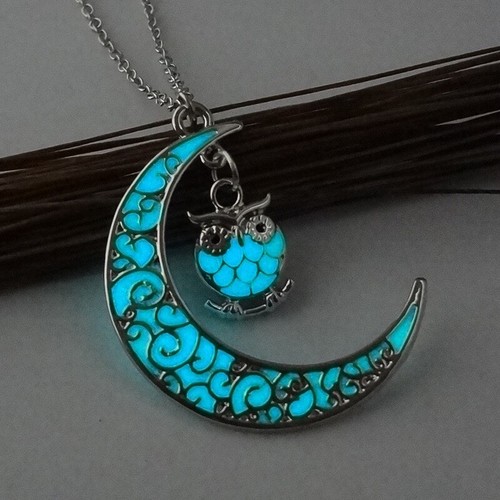 Glowing Luminous Blue OWL Moon Pendant Necklace 20" ๐ Women Teens + Gift Box - Picture 5 of 7