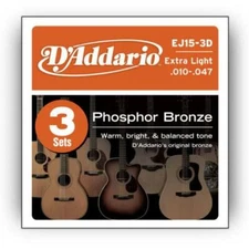 (3 Sets) D'Addario Phosphor Bronze Acoustic Guitar Strings 10-47 EJ15-3D