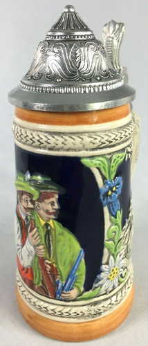 Gerz Germany 4 Birra Stein Ceramica Alta 6 Pollici Con Coperchio 95% Stagno Dipinto Vintage - Foto 2 di 12