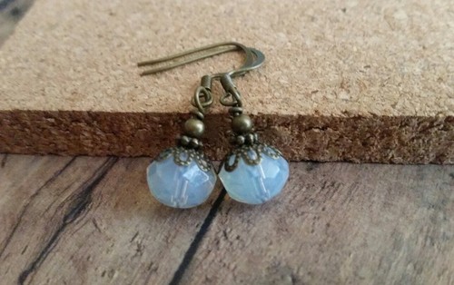 Czech glass beaded earrings, vintage style, Milky white, bronze, bronze - Picture 2 of 3