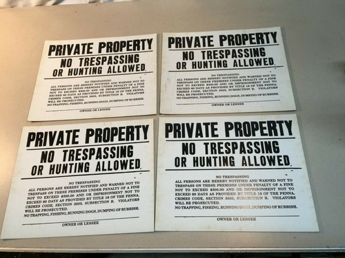 4pc Vintage Private Property NO TRESPASSING HUNTING Cardboard Sign New Old Stock - Picture 1 of 3