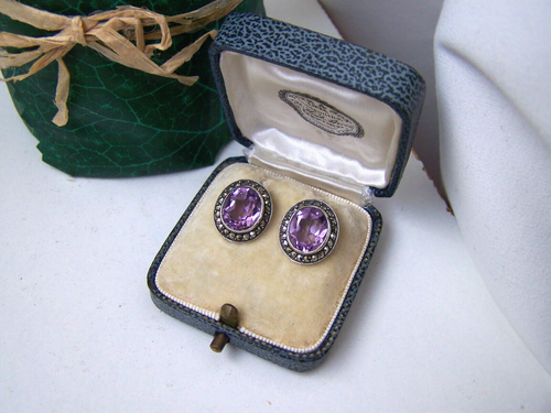 GORGEOUS VINTAGE 925 SOLID STERLING SILVER AMETHYST & MARCASITE EARRINGS STUDS - Picture 5 of 13