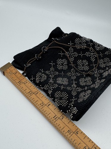 ANTIQUE Steel Beads Black Purse Crochet Satin Liner Draw String ESTATE FIND - Picture 8 of 8
