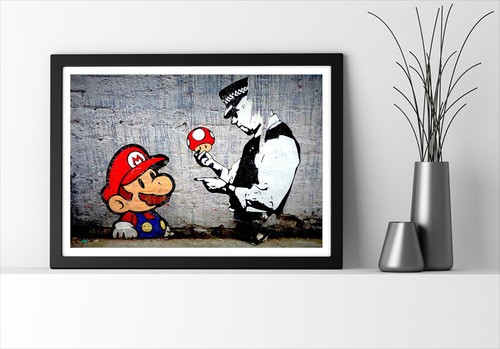BANKSY MARIO AND COP -DEEP FRAMED CANVAS WALL ART PICTURE PAPER PRINT- RED BLUE - Picture 3 of 17