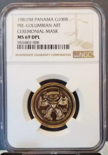 1981 PANAMA GOLD 100 BALBOAS CEREMONIAL MASK NGC MS 69 DPL RARE ONLY 174 MINTED