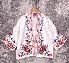 Johnny Was Kimono Medium Womens White Linen Sicilia Cropped Embroidered Jacket