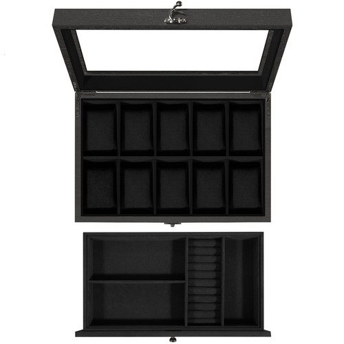 Anthrazit gebrannte Paulownia Double Layer Uhrenbox mit 10 Fächern und Glasfenster - Bild 12 von 27