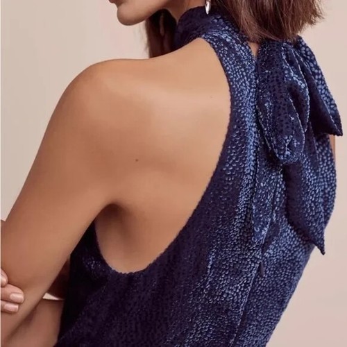 New NWT $178 ANTHROPOLOGIE Elevenses Sz 2 (XS) Nova Jumpsuit Halter Blue Velvet - Picture 3 of 8