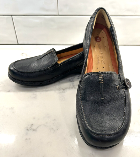 Clarks unstrukturierte schwarze Leder Halbschuhe Schuh Slipper Komfort Knopf Damen 9
