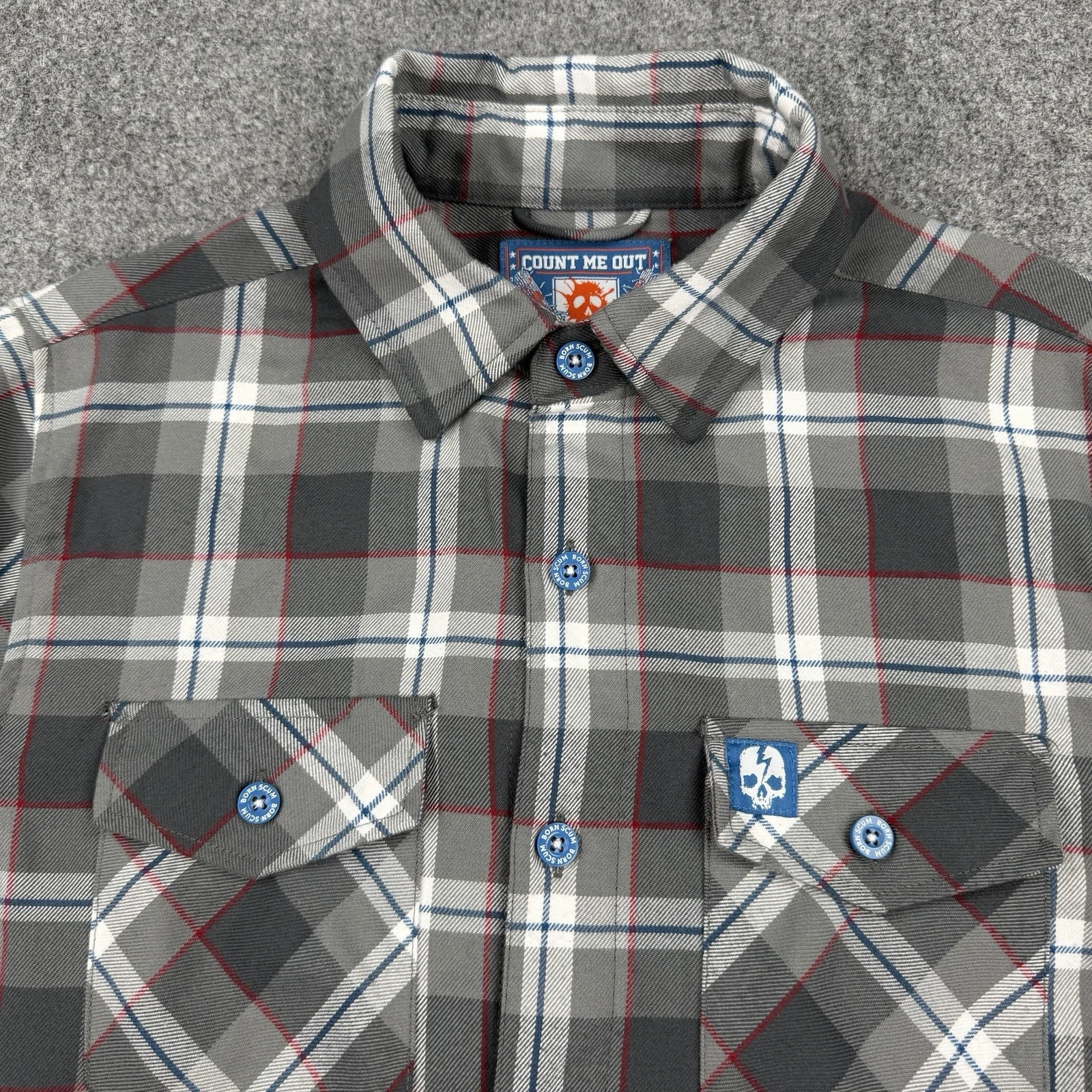 Born Scum Count Me Out Flannel Shirt Mens Small Gray Plaid Long Sleeve - product detail image 6
