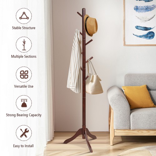 Wooden Coat Rack Stand Entryway Hall Tree 2 Adjustable Height w/ 8 Hooks Brown - Picture 9 of 12