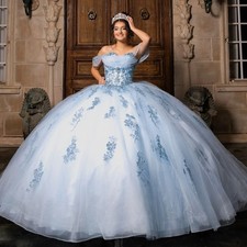 Light Blue Quinceanera Dresses Lace Applique Beaded Prom Ball Gowns Sweet 15 16