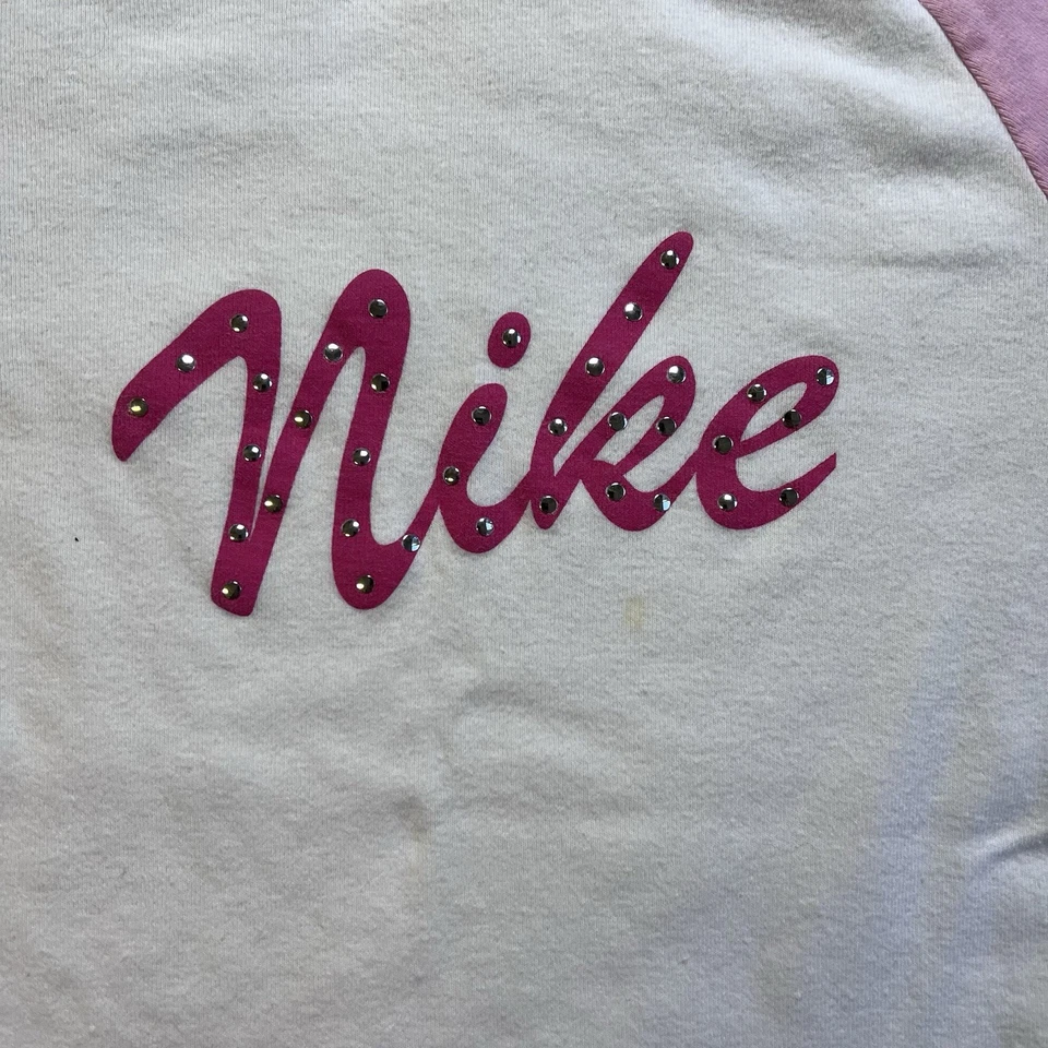 Vintage Nike Pink Rhinestone Script Tee White Raglan T-Shirt Women Small Y2K - Image 2 of 4