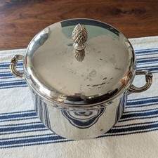 Vintage Silver-plated Lidded Ice Bucket, Pineapple Acorn Finial White Liner