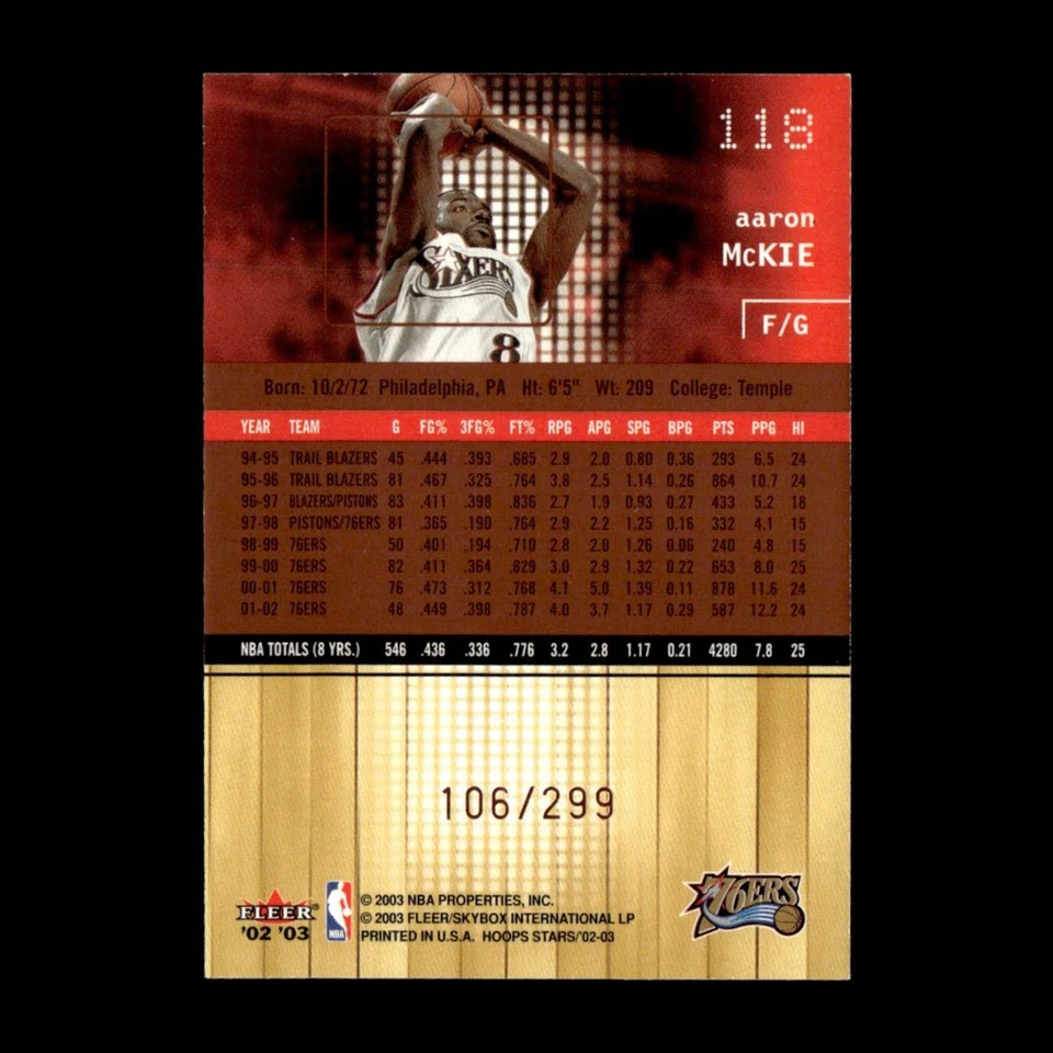 Aaron McKie /299 #118 2002-03 Hoops Stars Five-Star Philadelphia 76ers Card NBA - Image 2 of 4