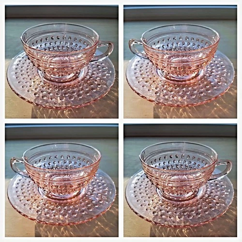 Vintage Pink Depression Glass Anchor Hocking Hobnail Cup & Saucer 1934-1936