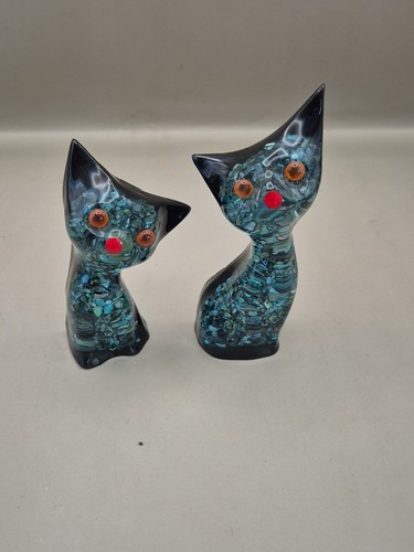 2 Vintage Lucite Abalone KATZE mit BOGEN Figuren aus original Paua Shell Neuseeland - Bild 2 von 7