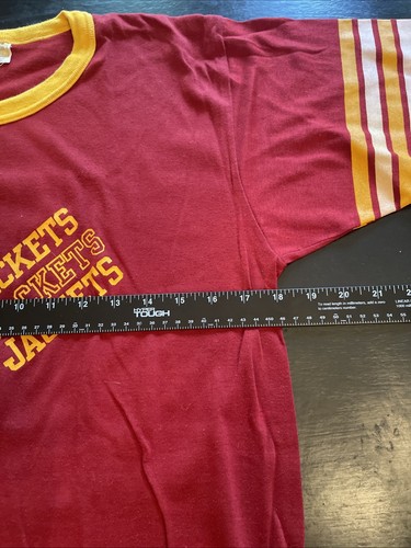 Vintage 1980s Thomas Jefferson Yellow Jackets Burgundy Striped Sleeve T Shirt S - Picture 5 of 6