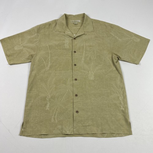 Tommy Bahama Shirt Mens Small Beige Silk Palm Tree Hawaiian Button Up Camp - Picture 1 of 10