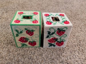 Vintage Needlepoint Cubed Tissue Box Holder Strawberries Box Of Kleenex Set Of 2