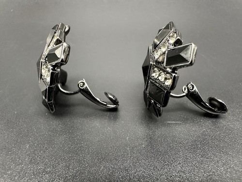 Vintage Givenchy Black Clear Rhinestone Clip-On Earrings - Picture 4 of 7