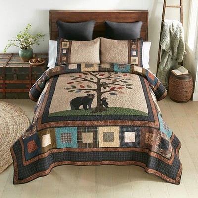 Donna Sharp Tree of Love Bear Family Country Cabin Cotton King 3 PC Quilt Set