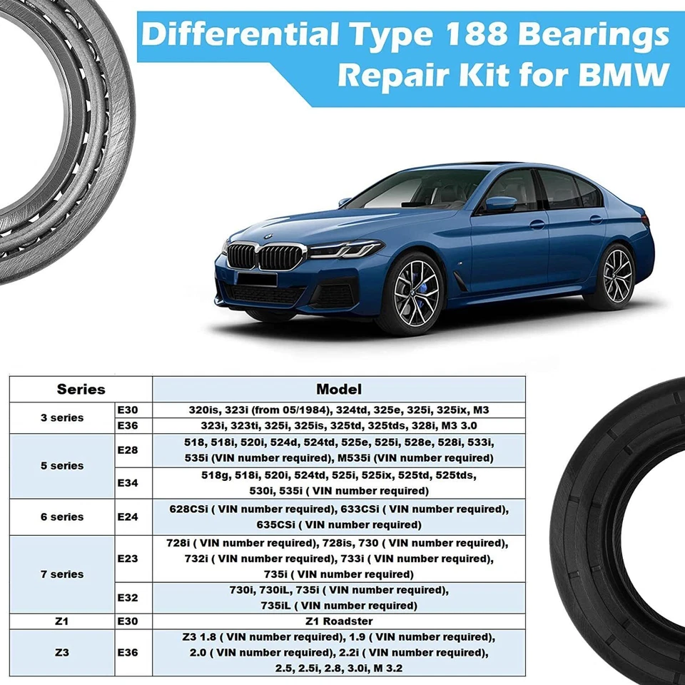 Differential Type 188 Bearings Repair Kit for BMW E30 E36 E28 E34 E23 E32 Z1 Z3 - Image 3 of 4