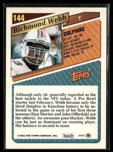 Richmond Webb 1993 Topps #144 Gold Miami Dolphins - Picture 2 of 2