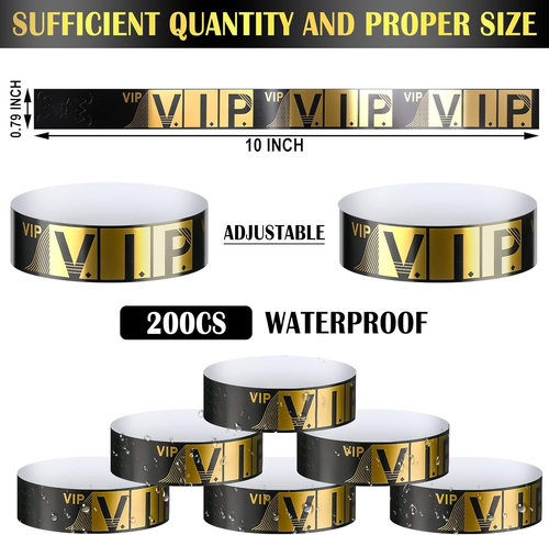 200 pulseras VIP doradas impermeables 0.79"x10" para eventos y conciertos - Imagen 2 de 12