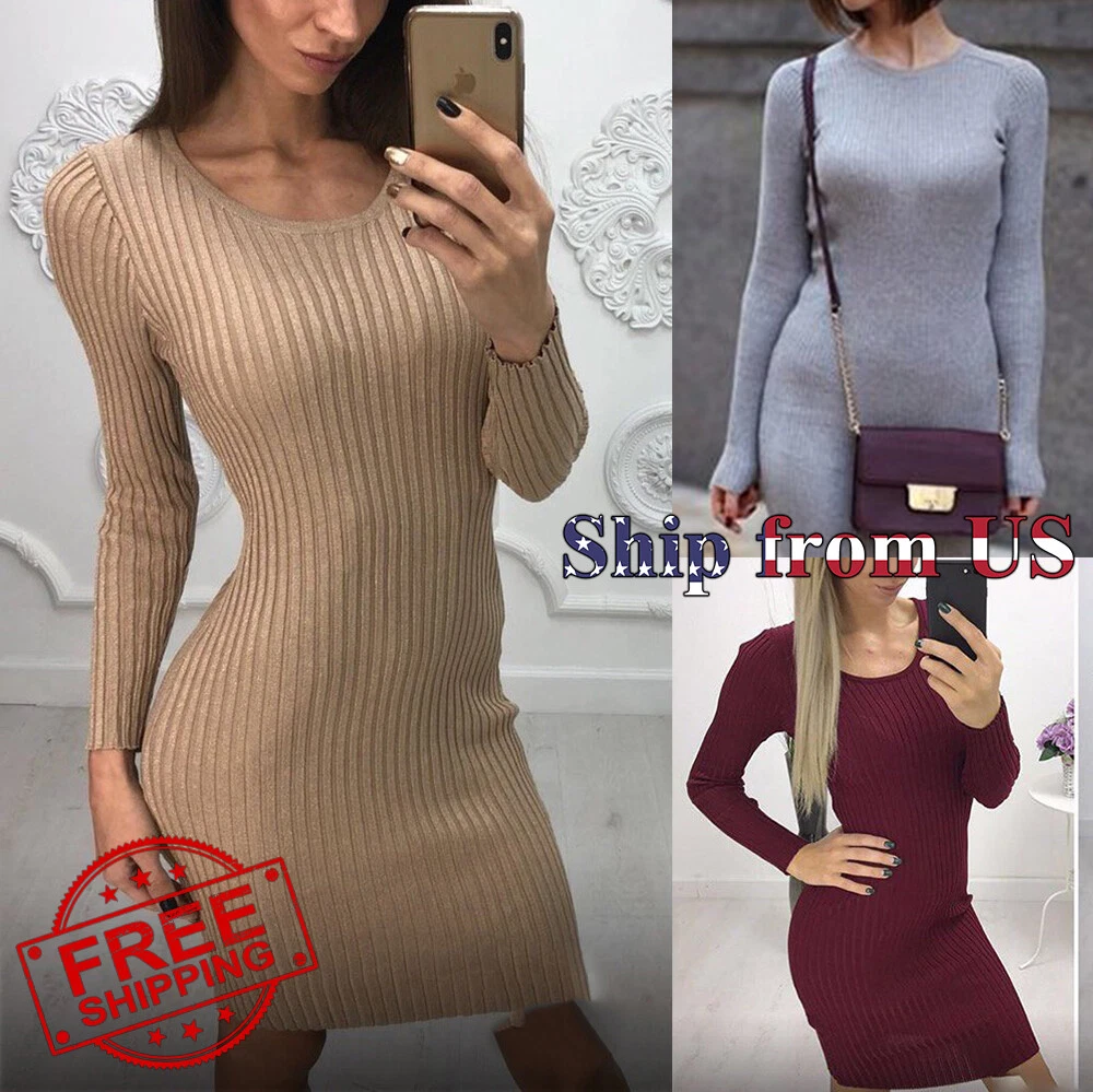 ON SALE!! Bodycon Knit Sweater Dress Slim Long Sleeve One Piece Mini Jumper  US