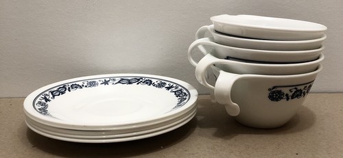 Old Town Blue Hook Cups w/ Matching Saucers Vtg. Set of 5 CORELLE Corning - Picture 8 of 8