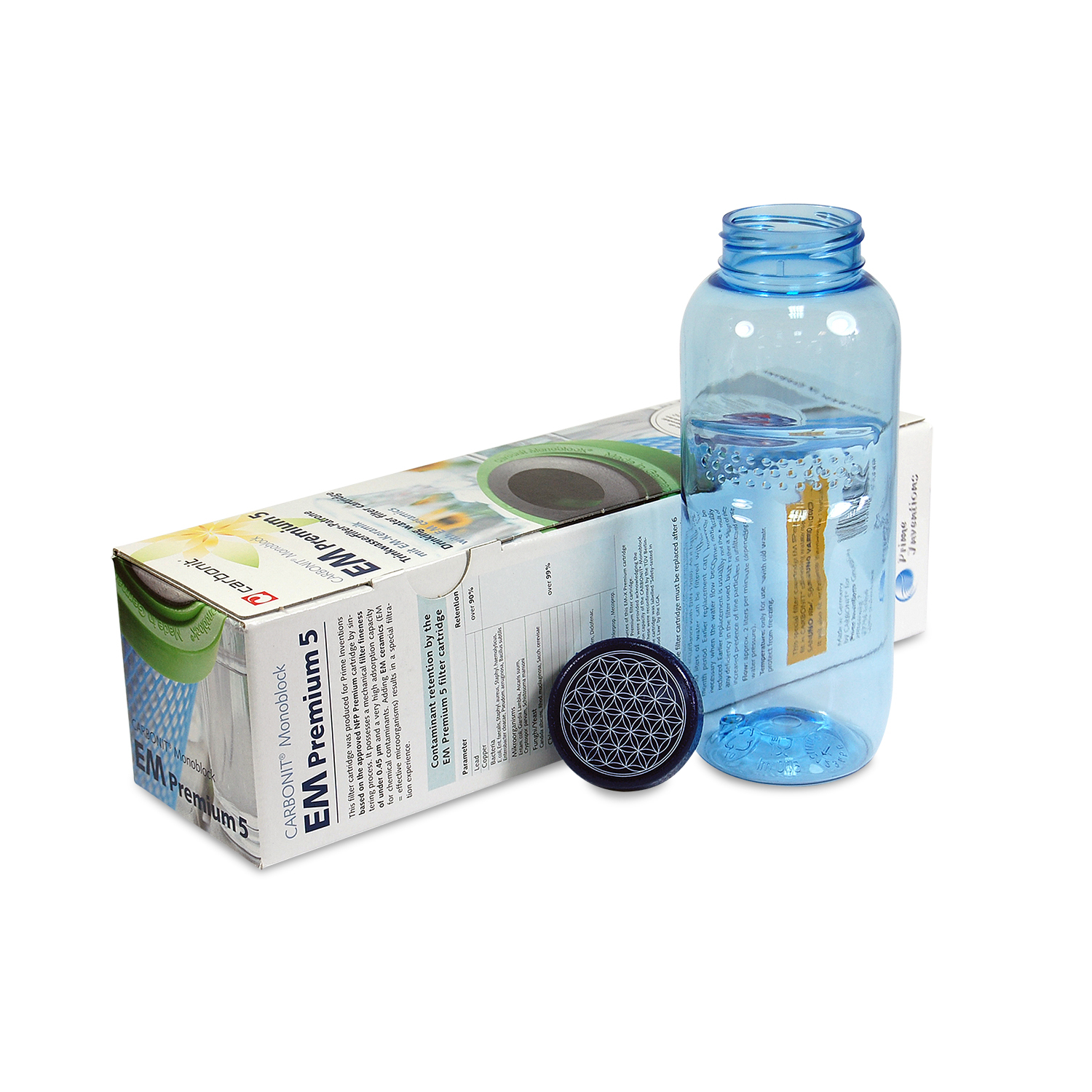 PrimeInventions Premium EM-5 Filtro de Agua +0,5l Botella Flor de la Vida