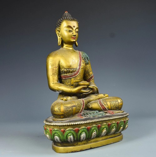 12" Old Chinese Bronze Gilt Painting Shakyamuni Sakyamuni Amitabha Buddha Statue - Picture 5 of 9