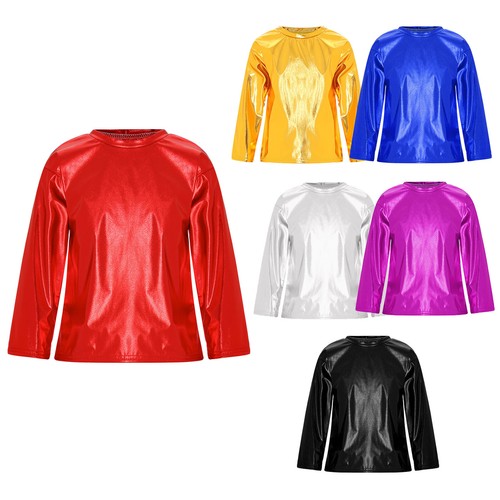 UK Kids Girls Jazz Dance Performance Tops Metallic Shiny Long Sleeve T-shirts - Picture 3 of 64