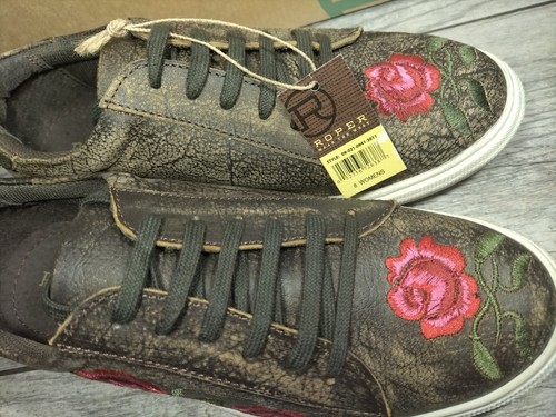 ROPER Leather Shoes Women's size 8 Lace Up Madeline Brown Embroidered Rose New - Picture 2 of 10
