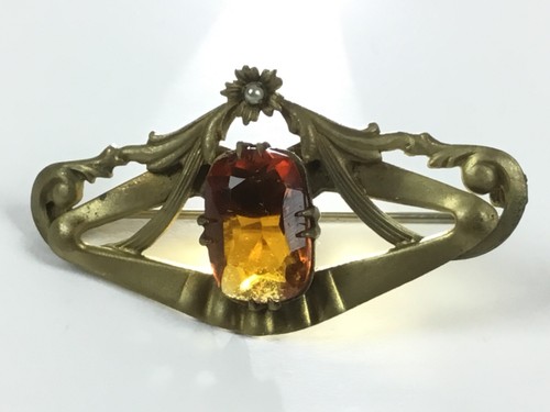 Victorian Collar Pin, Amber Rhinestone, Seed Pearl, C-clip, Art Nouveau Design - Picture 7 of 8