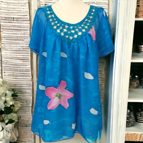 Soft Surroundings Silk Floral Top Sz L Babydoll Crocheted Bohemian Fairy Hippie - Picture 13 of 21