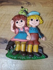Vintage 1974 Hand Made Raggedy Ann and Andy Ceramic Wall Hanging.. Thick Cast