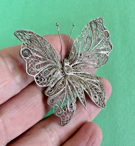 Silver Filigree Butterfly Brooch Spun Rolled Vintage Stunning Pin - Picture 3 of 12
