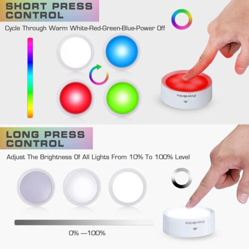EverBrite 6-PACK Puck Lights Wireless LED Closet Lights 13 RGB Colors 2 Modes - Picture 4 of 10