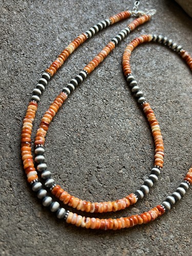 Long Sterling Silver Orange Spiny Oyster W Pearls Bead Necklace. 36 inch - Picture 8 of 12