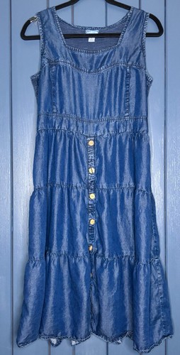 Smocked Tiered Chambray Jumper Dress Large Retro Cottage Goblin Core Peasant Y2K