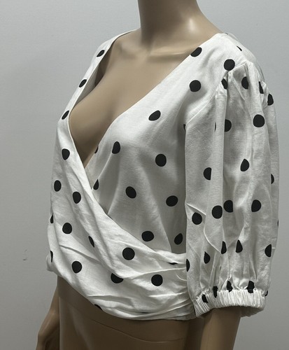 Sportsgirl Plus Size 16 Linen White Black Polka Dot Top Blouse Cropped BNWT NEW - Picture 5 of 8