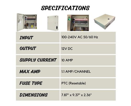 18 Channel DC12V 10 Amp Reset Fuse CCTV DC Distributed Power Box with CCTV Sign - Picture 2 of 12