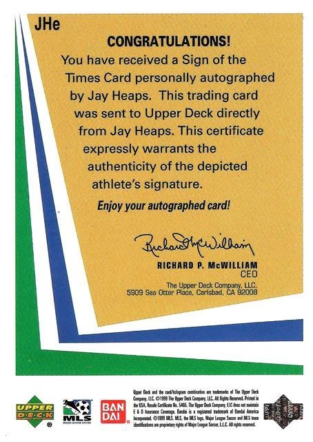 1999 Upper Deck Major League 'Soccer Sigh of the Times' cartão de autógrafo certificado - Imagem 4 de 4