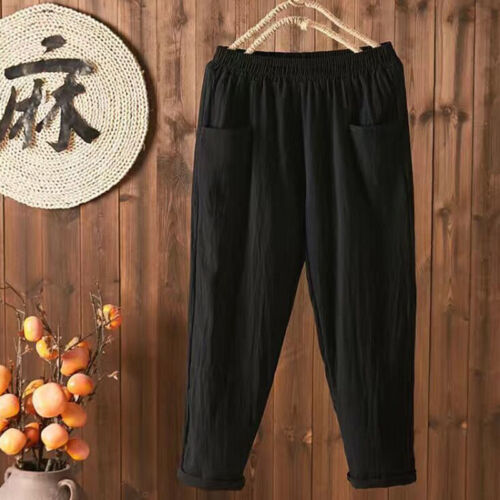 Damen Baumwolle Leinen Haremhose hochtailliert elastisch knöchelang lose Hose M-4XL - Bild 13 von 22