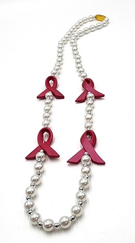 Mardi Gras Breast Cancer Awareness Pink Ribbons Carnival Beads 23" Necklace
