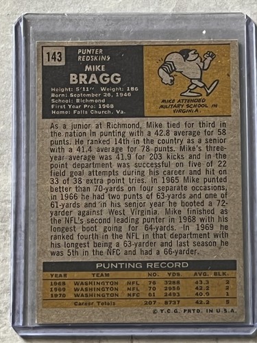 1971 Topps Mike Bragg On Card Auto #143 Washington Redskins - Picture 2 of 2