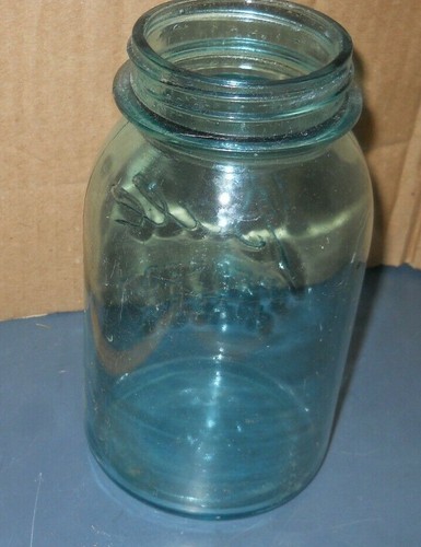 FRASCO ENLATADO DE VIDRIO AZUL AQUA BOLA ANTIGUA PERFECTA MASON QUART #5 CON LÍNEA - Imagen 4 de 5