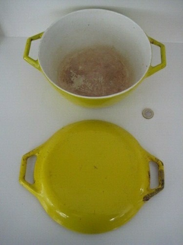 VINTAGE 60er MICHAEL LAX DÄNEMARK COPCO GELB EMAILLE GUSSEISEN AUFLAUFFORM - Bild 2 von 11